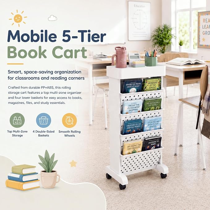 5-Tier Rolling Bookshelf Cart with Wheels, White | Slim Mobile Book Cart, Plastic Magazine Rack Rolling File Paper Organizer for Home Office Study Classroom Living Room
