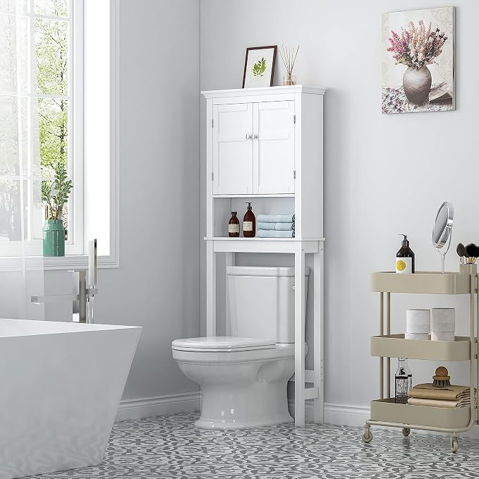 UTEX Over the Toilet Storage Cabinet with Doors and Adjustable Shelf, White | Open & Hidden Bathroom Storage, Anti-tip Bracket, Adjustable Lower Crossbar, 33-Inch Clearance, FSC-certified Engineered Wood