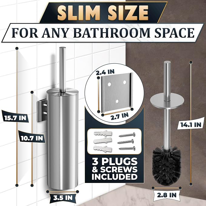 Wall Mounted Toilet Brush and Holder Set, Stainless Steel (Silver) | Stainless Steel Toilet Brush and Holder Set, Removable Inner Bowl, Dense Bristles, Rustproof, for Modern Bathroom Walls