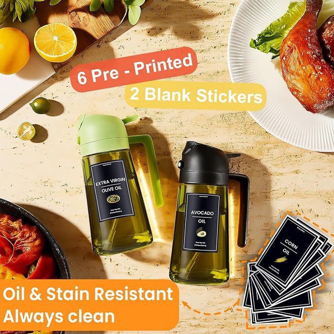 CXINYI - 16oz/470ml Olive Oil Dispenser for Kitchen with Stickers - 2 in 1 Olive Oil Sprayer for Cooking, Air Fryer, and Salad, Black&Purple (Light-Proof Kitchen Gadget)