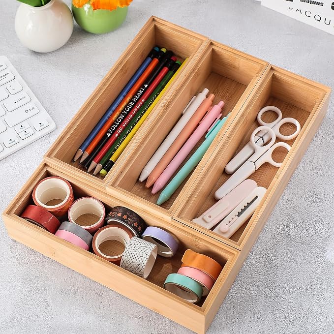 Kigley 8 Pcs Kitchen Bamboo Drawer Organizer Utensil Wooden Silverware Drawer Organizer Utensil Bamboo Storage Box Cutlery Holder Flatware Containers for Kitchen, Bathroom(9 x 3 x 2 Inch,Wood)
