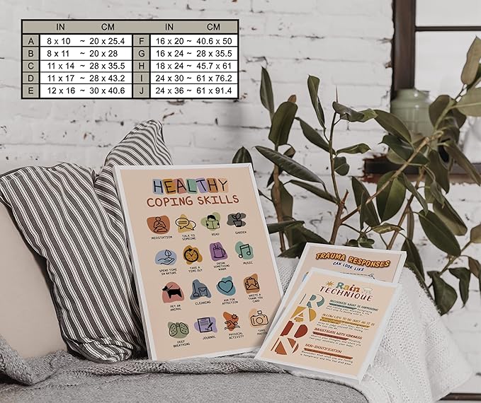 LOLUIS Mental Health Poster, Boho Therapy Tools Educational Supplies Art Print Classroom School Office Decor (Healthy Coping Skills, Custom Frame Type)