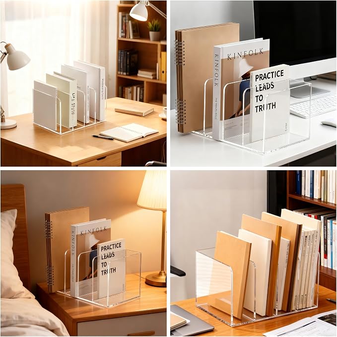 YUXUN Clear Acrylic Magazine File Holder, 4 Compartment Vertical Desk Organizer, 5mm Thick Document Sorter with Non-Slip Base, No Assembly for Office Home Classroom, Holds Binders, Books, Tablets