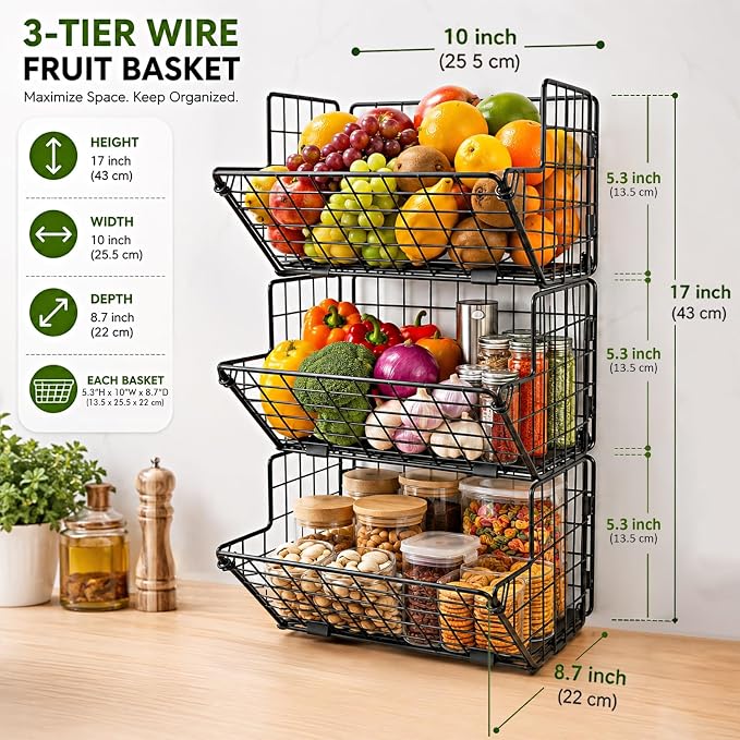 3-Tier Fruit Basket for Kitchen, 2-in-1 Countertop & Over Cabinet Door Hanging Organizer, Heavy Duty Fruit & Vegetable Storage Rack with Anti-Slip Liners, No Drilling