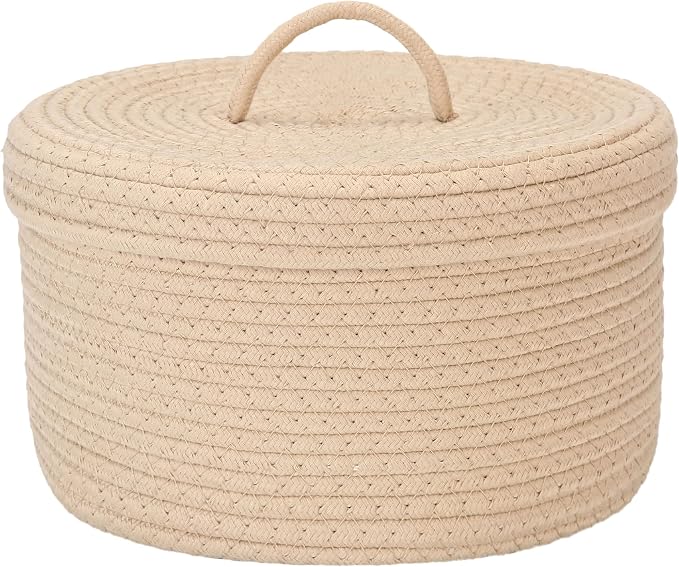 Sea Team Round Cotton Rope Storage Basket with Lid, Lidded Woven Storage Bin, Nursery Storage Container, Diaper Caddy, Baby Shower Basket, Box, Organizer, 11.8 x 11.8 x 6.7 Inches (Medium, Khaki)