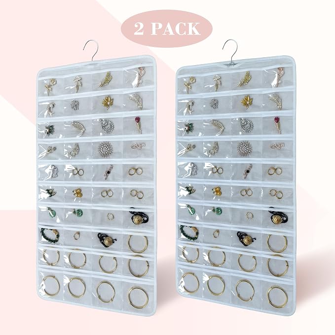 80 Pocket Hanging Jewelry Organizer with Hanger Metal Hooks Storage On Wall Door Closet Double-Sided(Each Side 40 Pockets) Jewelry Holder for Earrings, Necklaces, Rings (White+White)