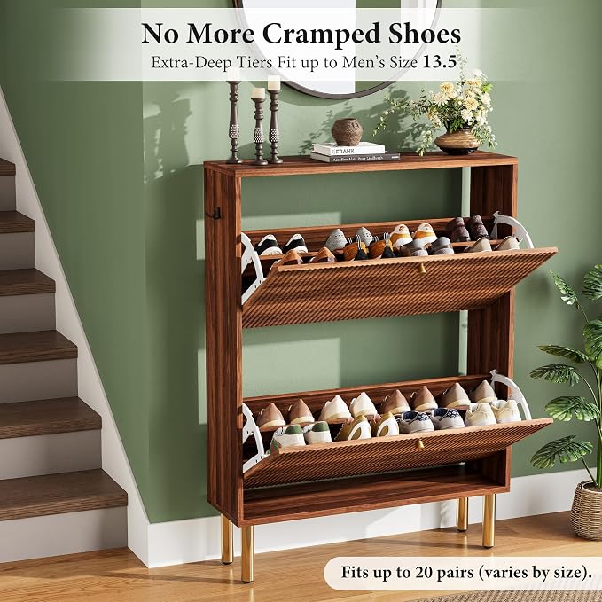 Nicetree Shoe Storage Cabinet for Entryway - 2 Flip Drawers Shoe Cabinet with Tiered Fluted Design - Slim Shoe Storage Rack with Gold Legs - Narrow Shoe Cabinet Hidden Shoe Organizer for Small Spaces