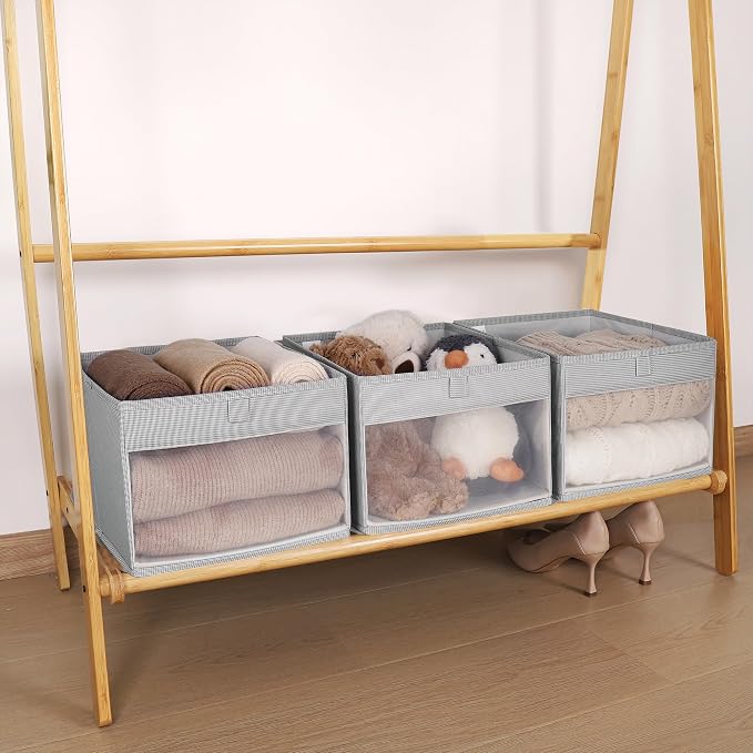 WUIKE Closet Organizers and Storage Bins, 3-Pack, 11 x 11 x 8 inch, Greige | Collapsible Storage Bins, Clothes Organizer for Clothes Storage, Underwear Organizer, Toys, Bedrooms, and Dorm Rooms