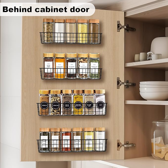 Spice Rack Organizer Wall Mount, 2 Pack Black Seasoning Rack Wire Storage Baskets for Wall or Cabinet Door in Kitchen and RV | Seasoning Rack