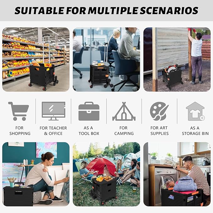 FELICON SELORSS Folding Utility Cart Portable Rolling Crate Handcart with Stair Climbing Wheels&360°Swivel Wheels Telescoping Handle Plastic Box Dolly for Travel Shop Move Office Teacher Use(Black)