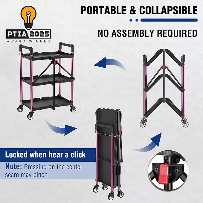 WORKPRO 3-Tier Collapsible Service Cart, Black/Pink, 210 LBS Foldable Utility Cart with Wheels, Portable Rolling Tool Cart for Garage, Warehouse, Home, Restaurant and Office (No Assembly Required)