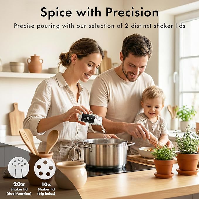 EDELHAUS Glass Spice Jars with Label, 24x Acacia Wooden Lids - Black Labels | Airtight Lids keep spices fresh, Kitchen Spice Drawer Organizer, 4oz Seasoning Containers incl. Funnel, Brush & 240 Labels