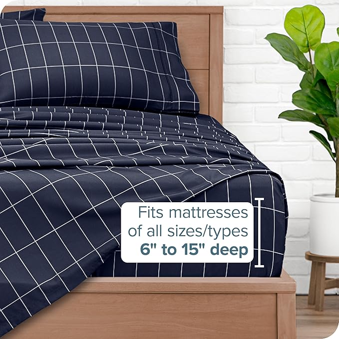 Bare Home Twin XL Sheet Set - College Dorm Size - Luxury 1800 Ultra- Soft Double Brushed Microfiber - Deep Pockets - Easy Fit - 3 Piece Bedding Sheet Set (Twin XL, Grid - Midnight/White)