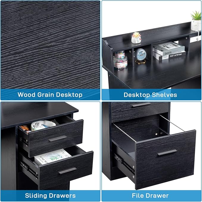 Karl home Black Computer Desk with Drawers ＆ Desktop Hutch, Modern Work Study Gaming Writing Home Office Desks with Storage for Kids, Small Wood Table for Bedroom, PC Laptop Workstation