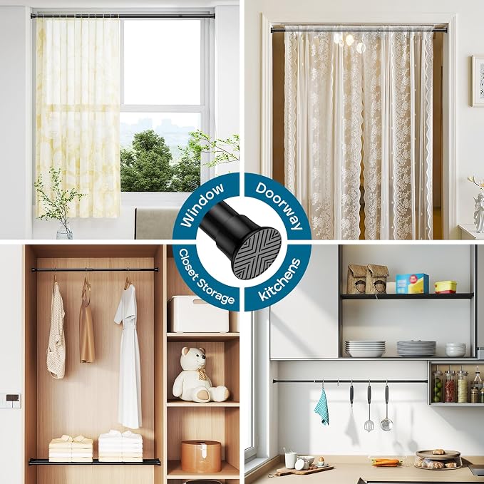 AIZESI Spring Tension Curtain Rod 23-46 Inch Adjustable Curtain Rods No Drilling Black Tension Rods for Window, Doorway, Kitchen, Closet