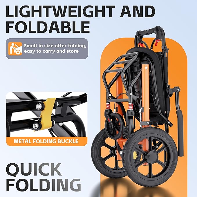 Wheelchairs for Adults,Transport Wheelchair Lightweight Foldable with Removable Cushion,Ergonomic Transfer Chair with 12-inch Rear Wheels for All Terrains,Travel Wheelchair