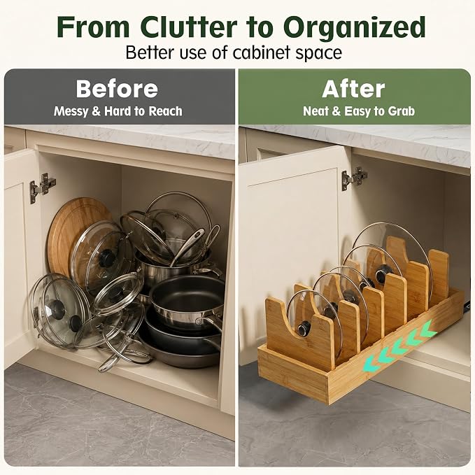 Pull Out Pots and Pans Organizer, Bamboo Cabinet Storage Rack | Pots and Pans Organizer Under Cabinet, Bamboo Sliding Rack with Adjustable Dividers for Lids, Bakeware, Cutting Boards