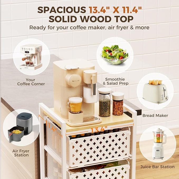 5 Tier Kitchen Storage Cart with Wheels, Utility Fruit Vegetable Storage Rack Stand with Pull-Out Baskets & Wood Top, Metal 4-Drawers Rolling Snack Cart, Kitchen Cart for Potato Onion(White)