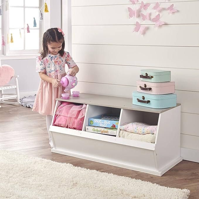 Badger Basket Three Bin Stackable Toy Storage Cubby Organizer - Expandable Modular Storage for Toys & Crafts - White/Gray Woodgrain