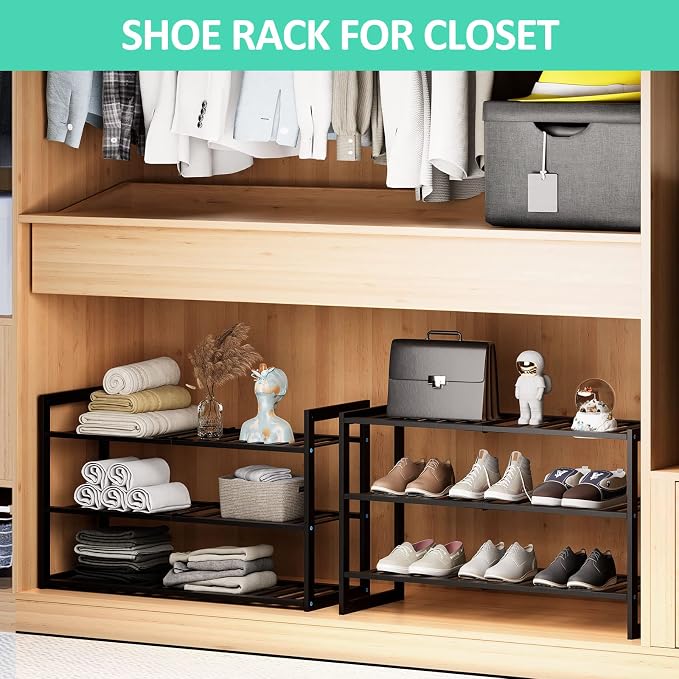 Jripae 3 Tier Bamboo Shoe Rack for Entryway Closet Bedroom Garage-27.5inch | 3 Tier Stackable Shoe Shelf Holder for Men/Women Hallway/Garage, Bookshelf, Flower Rack, Home Space Saving
