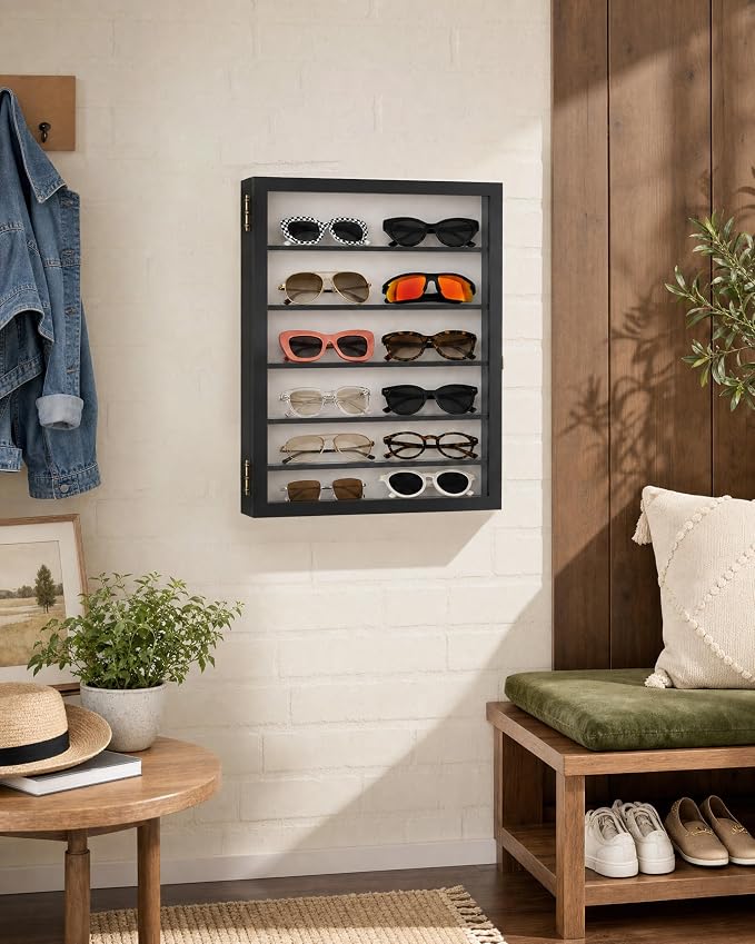 TJ.MOREE Sunglass Organizer Wall Mounted Glasses Holder Display Case 6 Tier | 13 x 15.6 inches Wooden Storage Box for Multiple Pairs Eyeglasses Sports Sunglasses