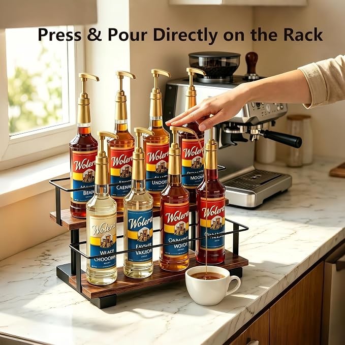 2-Tier Coffee Syrup Bottle Holder, Holds 8 Bottles, Stepped Design | Wood & metal structure, sturdy countertop rack for coffee bar, fits liquor, spice jars, wine & condiments.