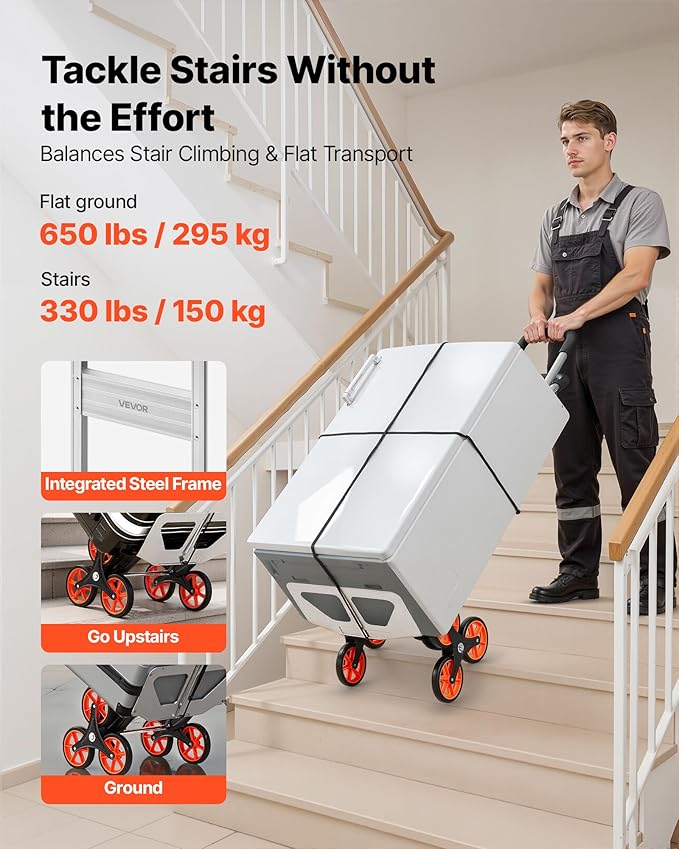 VEVOR 2 in 1 Aluminum Hand Truck 650 lbs, Convertible Hand Truck with 6 Wheels & Dual Handles, Integrated Frame Multipurpose Stair Climber for Home Shopping Moving Warehouse