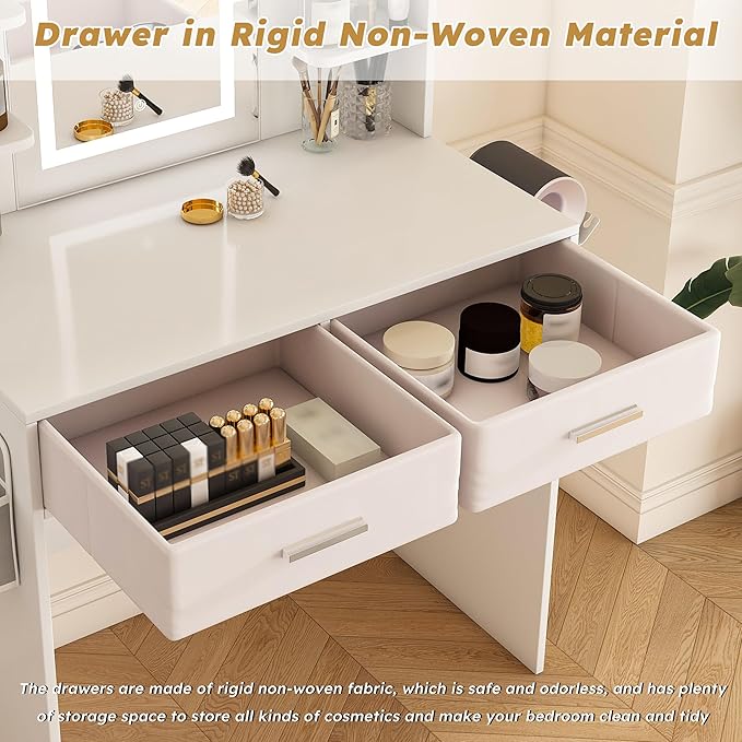 Small Makeup Vanity Desk with Mirror and Lights, Vanity Table with 2 Storage Drawer & Open Shelves, 3 Lighting Colors, Hair Dryer Stand, Adjustable Brightness White Makeup Vanity