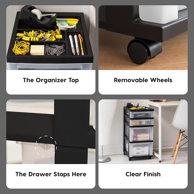 IRIS USA Plastic Drawer Storage Organizer Rolling Cart, with Wheels Casters, 4-Drawers, for Classroom Art Craft Supplies Dresser Closet Bathroom Laundry Room, Black/Clear