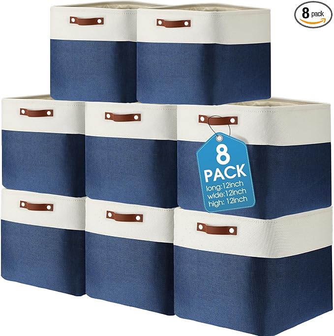 Uiifan 8 Pack 12 x 12 x 12 Inch Large Storage Baskets Collapsible Fabric Storage Cubes Bins with Handles for Shelves Closets Nursery Home Clothes Toys Organizers, Blue