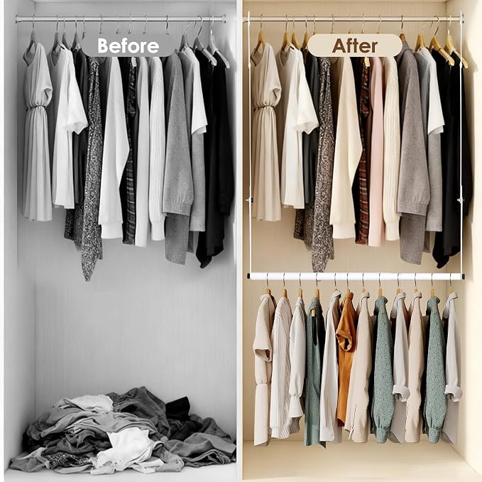 Hanging Closet Rod, Hanging Clothes Organizer, Adjustable, 1 Pack | Metal, White, Heavy Duty, Space-Saving