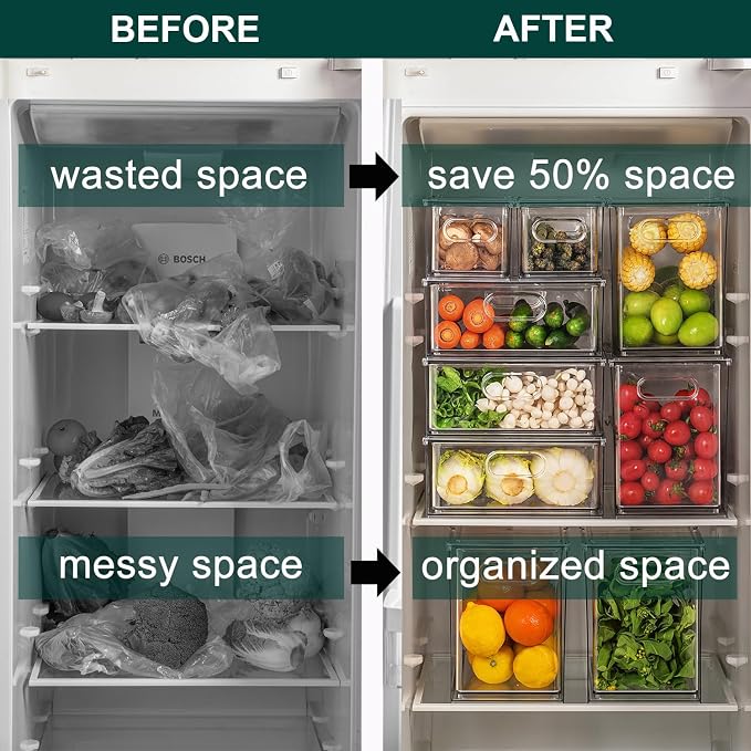 LALASTAR Fridge Drawers, 3-Pack Clear Stackable Pull Out Refrigerator Organizer Bins, Food Storage Containers for Kitchen, Freezer, Vanity & Fridge Organization and Storage (2 Small+1 Medium)