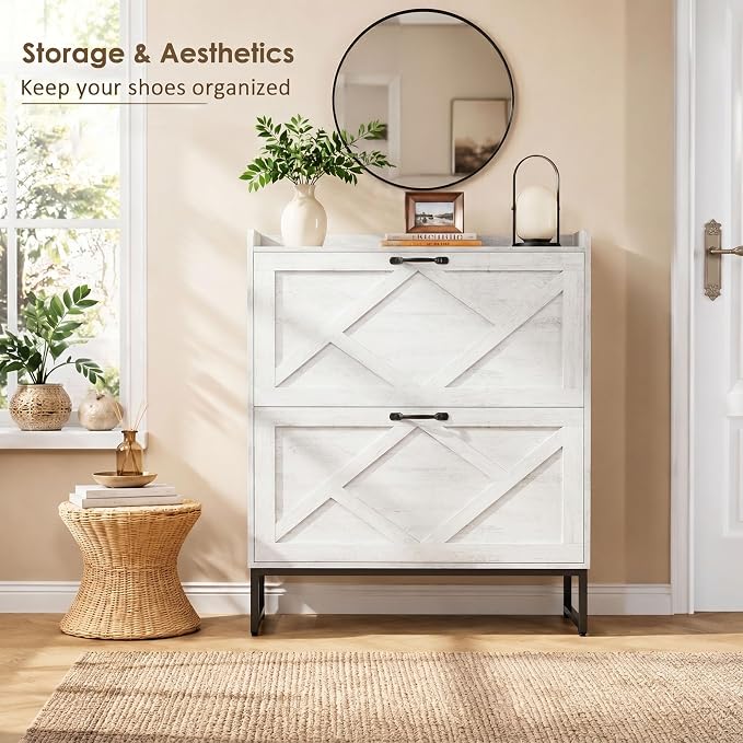 Nicetree Shoe Cabinet Storage for Entryway, Slim Shoe Storage Cabient with 2 Flip Drawers, Narrow Vertical Shoe Rack Cabinet with Metal Hooks, Small Space Solution for Hallway, White