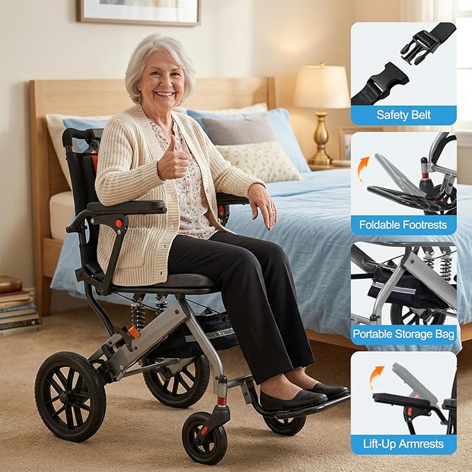 20 LBS Transport Wheelchair Lightweight Foldable,Wheelchairs for Adults, 1s Quick Folding, Quadruple Shock Absorption,Portable Wheelchair for Travel, Hospital & Home Use (Orange)