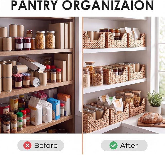 Mifoci Water Hyacinth Wicker Storage Basket with Open Front Stackable Bin Basket and Handles for Pantry Shelves Gift Toys Decorative Natural Rectangular Handwoven Basket for Home Decor
