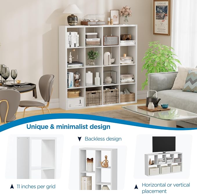 16-Cube Storage Organizer Bookcase, Thick Frame Wood Grain Storage Shelf, Rectangular Cube Open Back Display Unit, 48.8x9.4x48.8 Inches for Living Room, Bedroom, Home Office, White