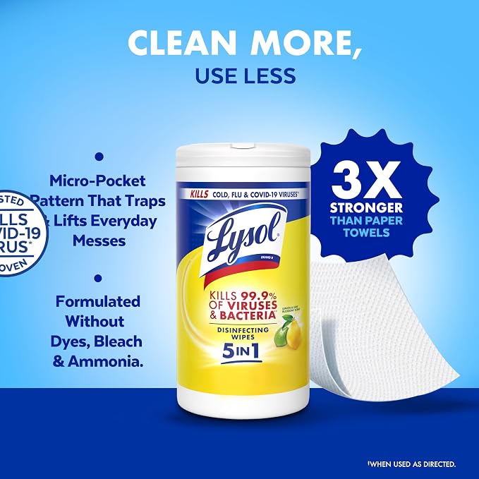 Lysol Disinfecting Wipes, Multi-Surface Cleaner, Lemon, 80 ct. (3 Pack) | All Purpose Cleaner, Sanitizing, Deodorizing, Apartment Essentials, Back To School Cleaning Supplies, Kitchen & Bathroom Wipe