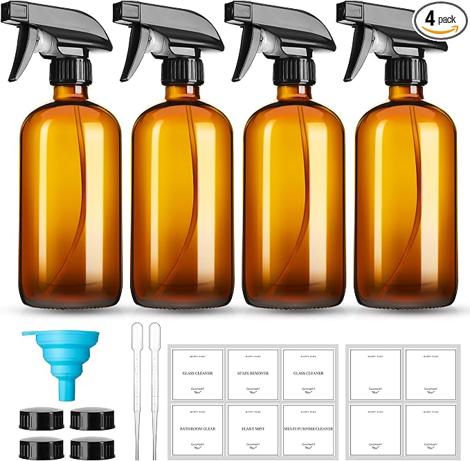 GIVAMEIHF 16oz Amber Glass Spray Bottles,4 Pack Glass Spray Bottles Refillable Empty Bottle with Adjustable Nozzle,Spray Bottle for Cleaning,Essential Oils,Cleaning,Pets,Plant, Hair Mister