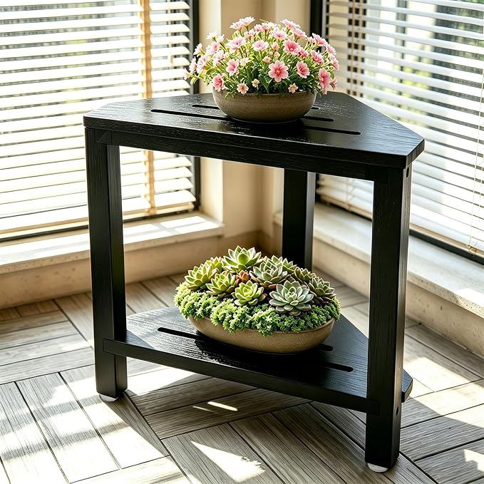 IBosins Corner Shower Stool with Storage Shelf Shower Foot Rest for Shaving Legs Small Bench for Inside Shower to Sit on Bath Seat - Acacia Wood, Black
