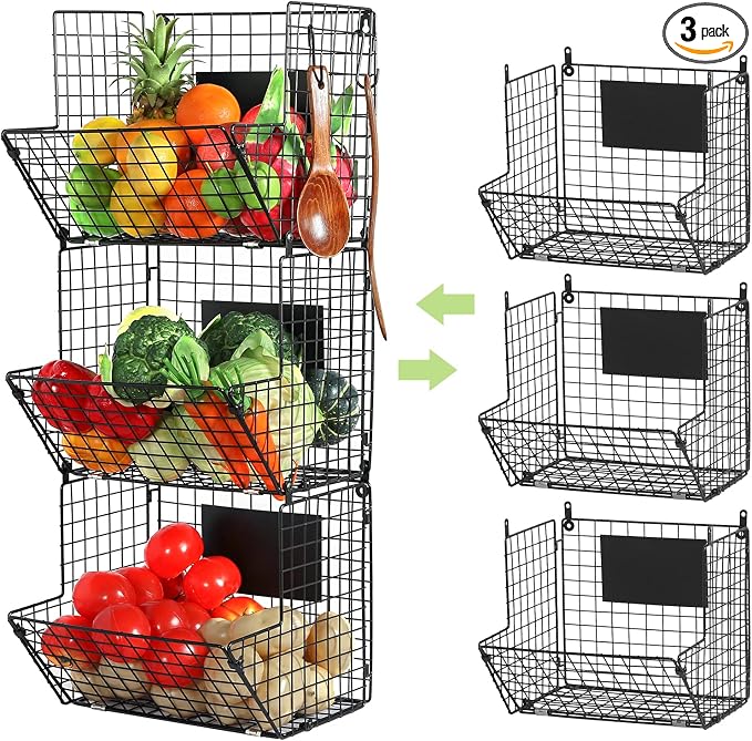 X-cosrack Metal Wire Basket Wall Mount, 3 Tier Wall Storage Basket Organizer with Hanging Hooks Chalkboards, Rustic Kitchen Fruit Produce Bin Rack Bathroom Tower Baskets (Black)