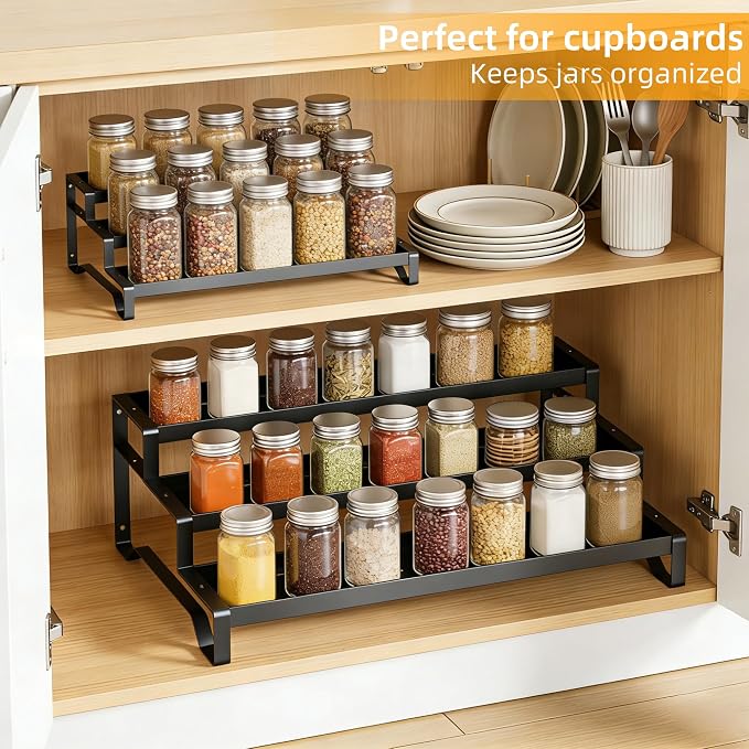 3-Tier Spice Rack Organizer 2 Pack, 13"-21.5" Expandable Spice Organization Shelf, Metal Seasoning Organizer for Kitchen Countertop or Pantry, Slip-Resistant Design for Jars and Bottles, Black