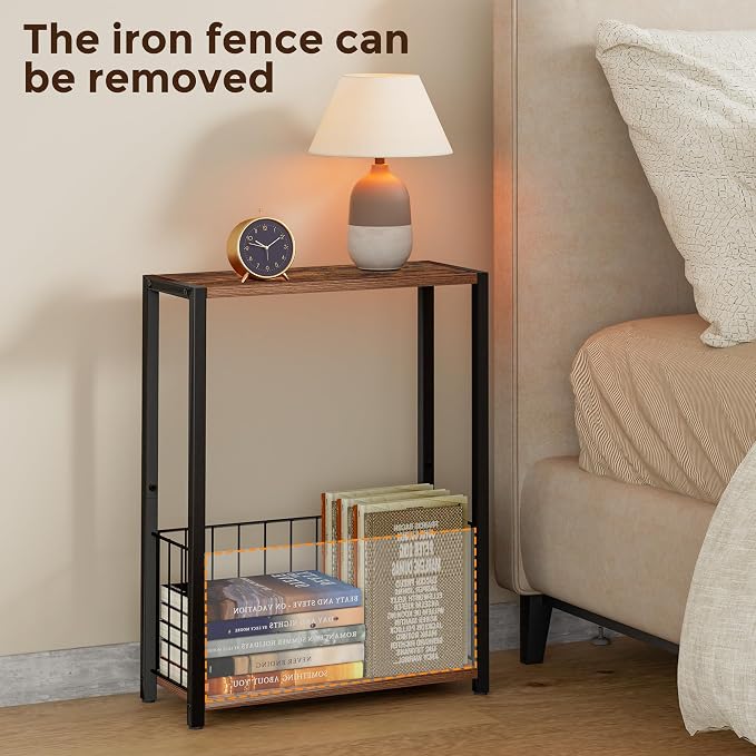 Homleke Narrow Side Table with Magazine Holder, Skinny End Table | Space-Saving Design, Small Spaces, Storage Shelf, Metal Frame, Easy Assembly, 7.1" D x 16.9" W x 23.6" H, Rustic Brown