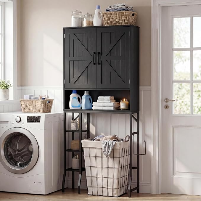 31" Over The Toilet Storage Cabinet with Barn Door,Bathroom Organizers and Storage with Adjustable Shelves, Farmhouse Over Toilet Organizer for Bathroom,Restroom,Laundry,Black