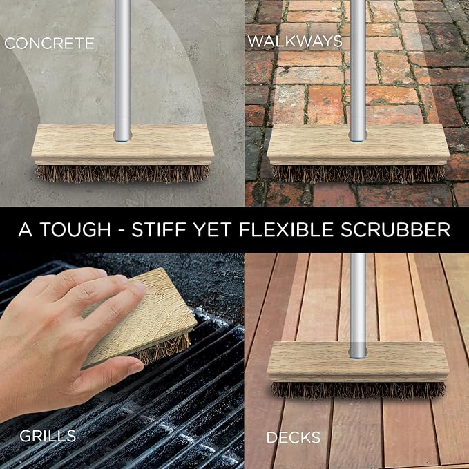 LOLA Deck Scrub Brush, 9" x 3.5" Head w/Palmyra Bristles for Outdoor Cleaning, Removes Dirt & Grime from Patios, Decks, Grout, 9 Pack