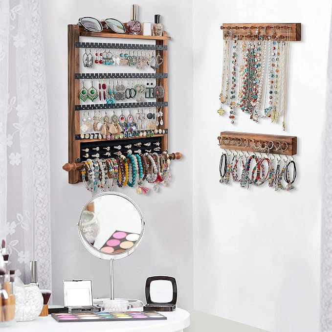 3Pcs Jewelry Organizers and Storage,Wood Earring Organizer,Hanging Jewelry Organizer,Rustic Wall Jewellery Organizer,Wall Mounted Earring Holder for Storage Display Gift (Brown+Black)
