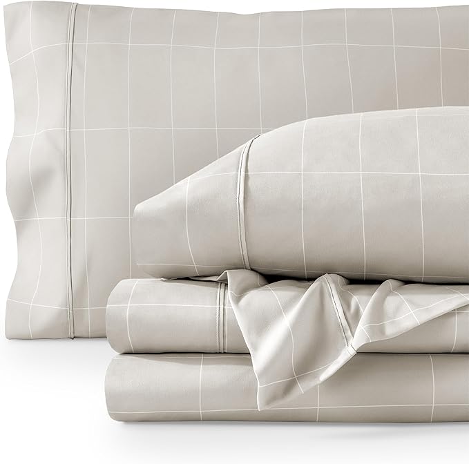Bare Home Twin XL Sheet Set - College Dorm Size - Luxury 1800 Ultra- Soft Double Brushed Microfiber - Deep Pockets - Easy Fit - 3 Piece Bedding Sheet Set (Twin XL, Grid - Stone/White)