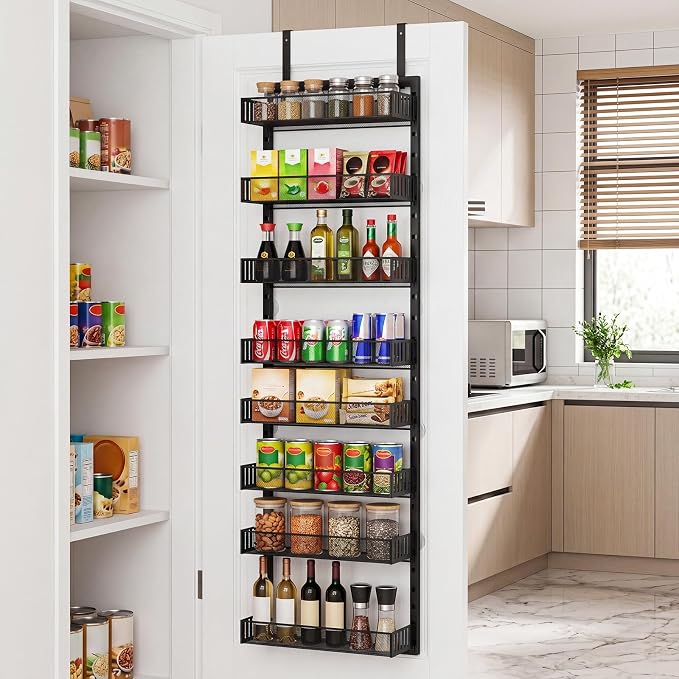 Over the Door Pantry Organizer, 2-in-1 Wall Mount or Hanging Spice Rack, 8-Tier Pantry Door Storage Shelf with Adjustable Baskets, Anti-Swing Design for Kitchen, Bathroom, Laundry Room