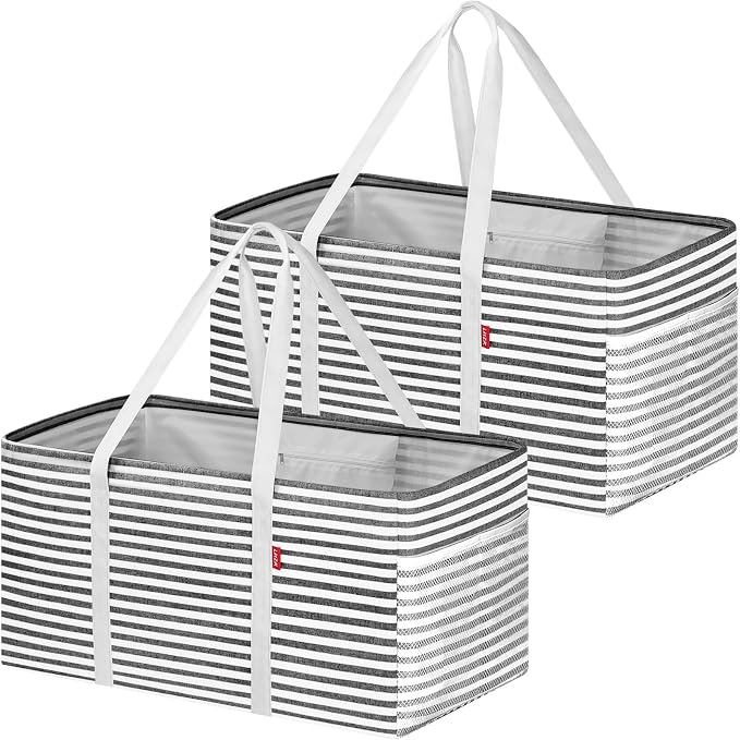 LHZK 2 Pack Extra Large Utility Tote Bag with Metal Wire Frame and the Sides Rinforced, Extra Large Tote Bag with Handle, Reusable Grocery Bags Foldable, Beach Bag, Car Tote, Grey, 26''x15''x13''