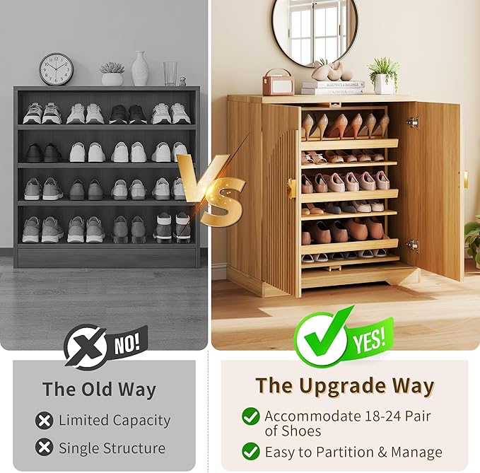 Vlsrka Rotating Shoe Storage Cabinet with Doors and 6 Tier Shelves, Wood | Suitable for 18 Pairs Shoe Organizer, Freestanding, Pull Out Shoe Rack, Wooden Entryway Cabinet for Hallway, Closet, Indoor