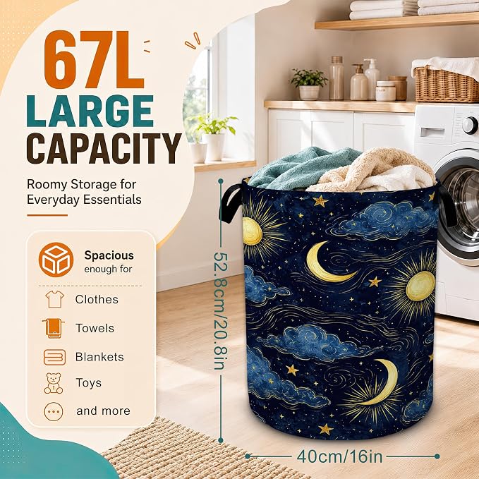 Sun Moon Laundry Basket,Stars Clouds Foldable Oxford Laundry Hamper with Handles,Collapsible Clothes Storage Bucket Tote Bag for Laundry Room,Bathroom,Bedroom,Dorm